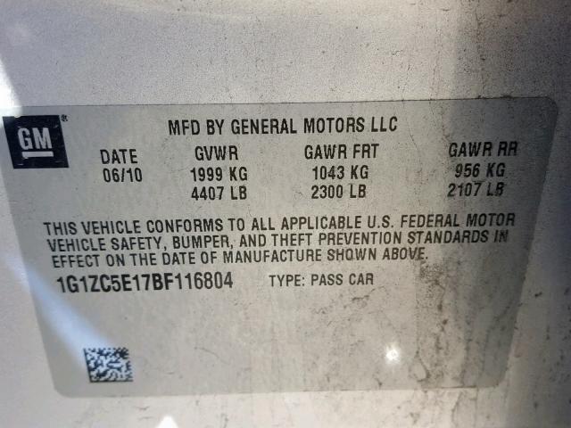 1G1ZC5E17BF116804 - 2011 CHEVROLET MALIBU 1LT SILVER photo 10