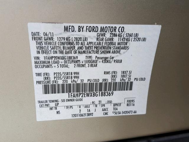 1FAHP2EWXBG188369 - 2011 FORD TAURUS SEL GOLD photo 10