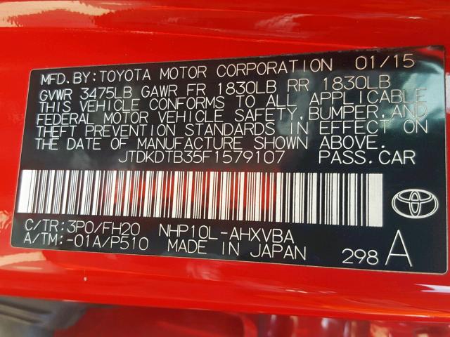 JTDKDTB35F1579107 - 2015 TOYOTA PRIUS C RED photo 10