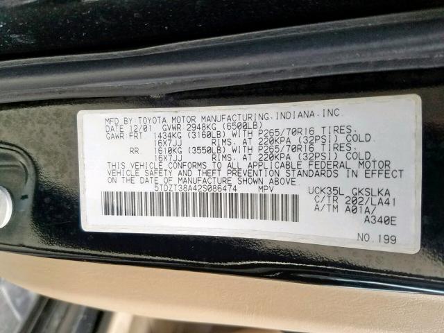 5TDZT38A42S086474 - 2002 TOYOTA SEQUOIA LI BLACK photo 10