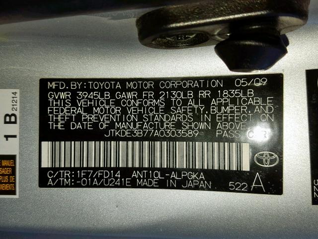 JTKDE3B77A0303589 - 2010 TOYOTA SCION TC ვერცხლისფერი ფოტო 10