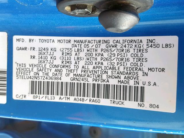 5TELU42N57Z436984 - 2007 TOYOTA TACOMA DOU BLUE photo 10