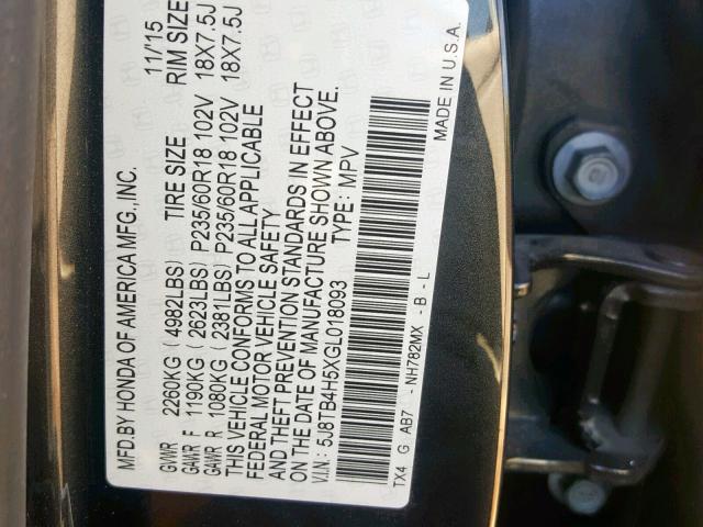 5J8TB4H5XGL018093 - 2016 ACURA RDX TECHNO BLACK photo 10