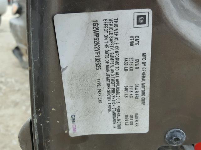 1G2WP52K2YF102625 - 2000 PONTIAC GRAND PRIX ყავისფერი ფოტო 10