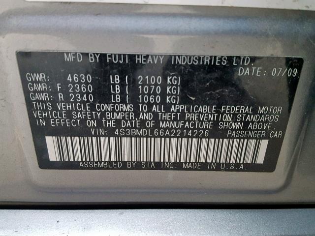 4S3BMDL66A2214226 - 2010 SUBARU LEGACY 3.6 GRAY photo 10