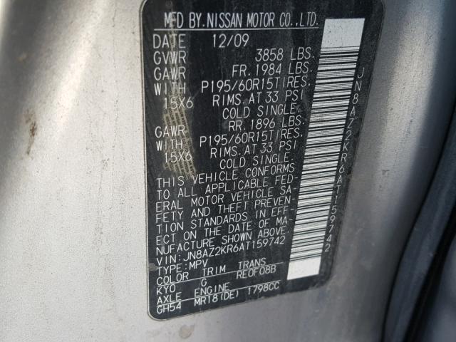 JN8AZ2KR6AT159742 - 2010 NISSAN CUBE BASE SILVER photo 10