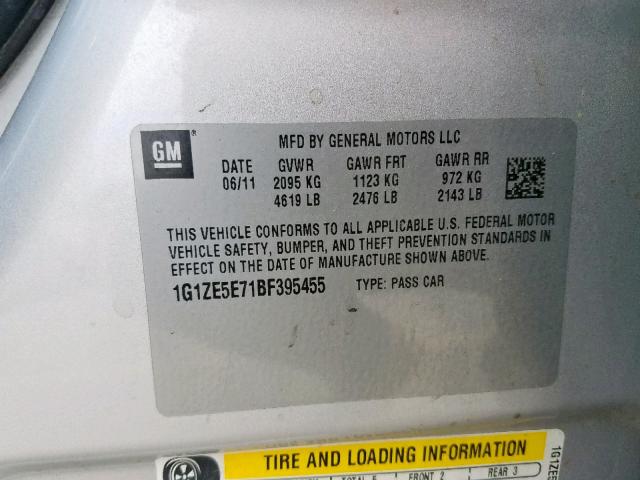 1G1ZE5E71BF395455 - 2011 CHEVROLET MALIBU LTZ ვერცხლისფერი ფოტო 10