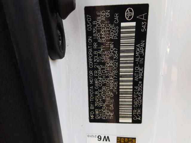 JTKDE177870213647 - 2007 TOYOTA SCION TC 白色 照片 10