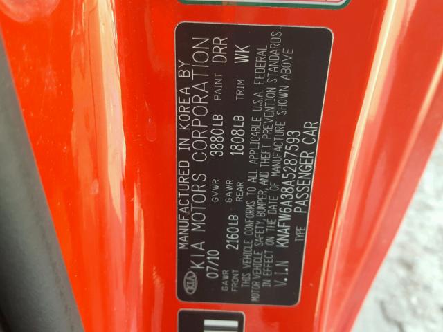 KNAFW6A38A5287593 - 2010 KIA FORTE SX RED photo 10