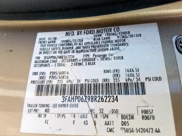 3FAHP06Z98R262234 - 2008 FORD FUSION S GOLD photo 10