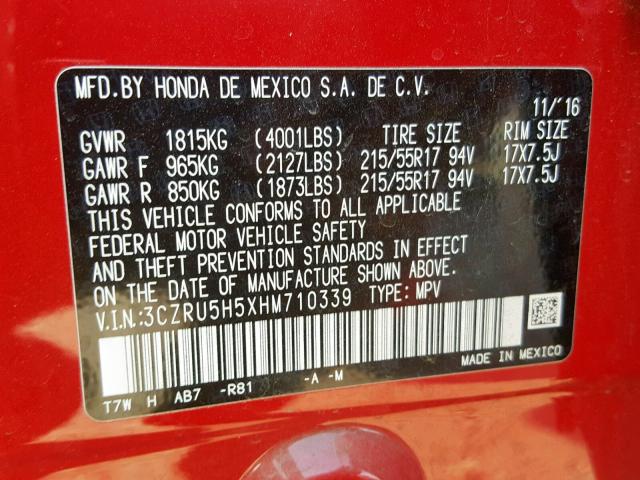 3CZRU5H5XHM710339 - 2017 HONDA HR-V EX RED photo 10