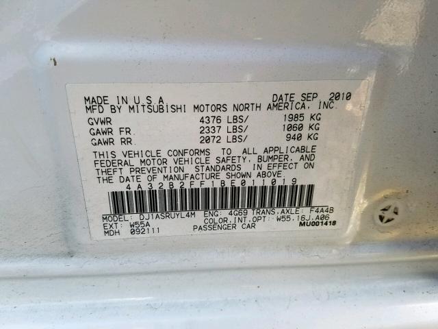 4A32B2FF1BE011019 - 2011 MITSUBISHI GALANT FE WHITE photo 10