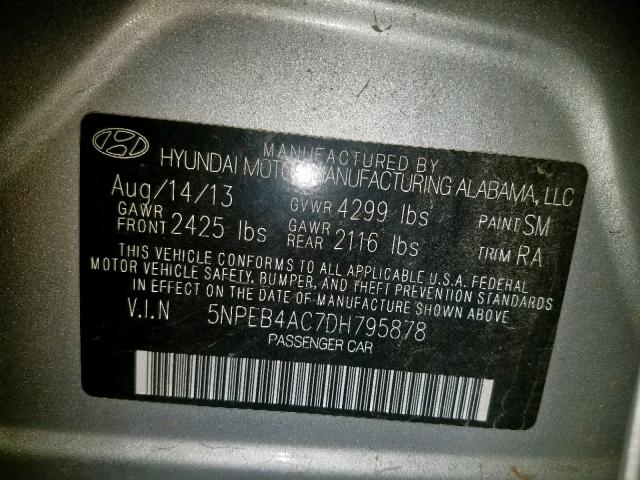 5NPEB4AC7DH795878 - 2013 HYUNDAI SONATA GLS SILVER photo 10