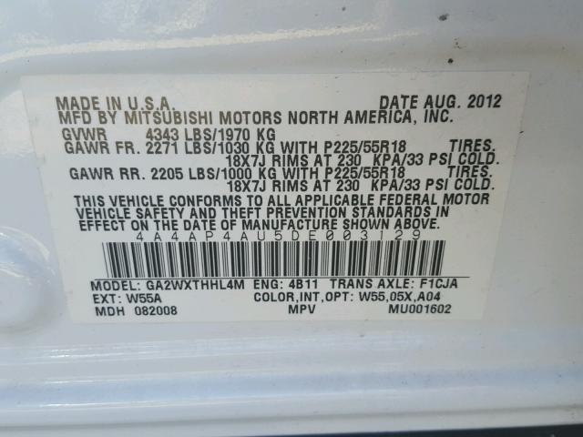 4A4AP4AU5DE003129 - 2013 MITSUBISHI OUTLANDER WHITE photo 10