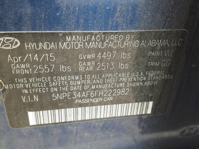 5NPE34AF6FH222982 - 2015 HYUNDAI SONATA SPO BLUE photo 10