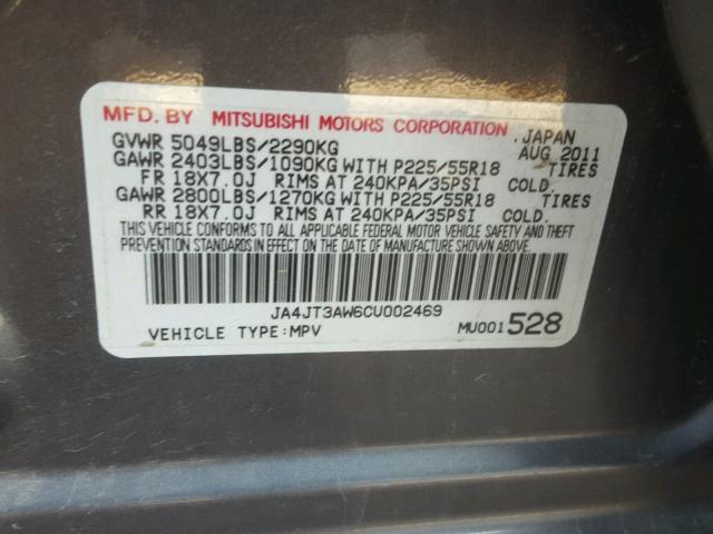 JA4JT3AW6CU002469 - 2012 MITSUBISHI OUTLANDER GRAY photo 10