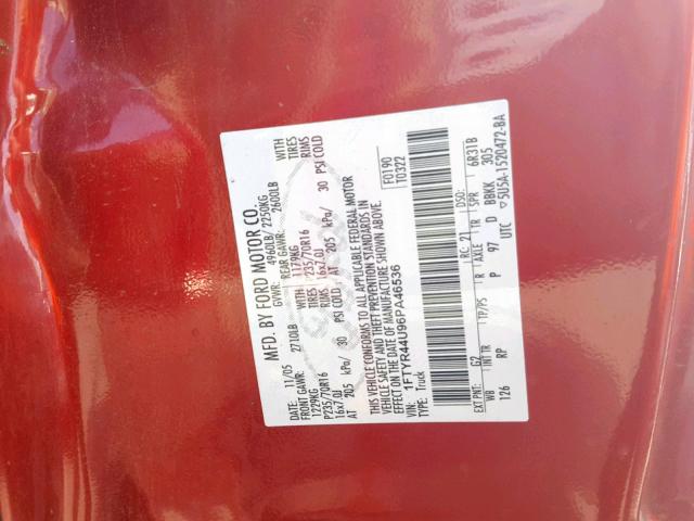 1FTYR44U96PA46536 - 2006 FORD RANGER SUP RED photo 10