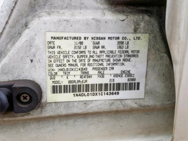 1N4DL01DX1C143649 - 2001 NISSAN ALTIMA XE WHITE photo 10