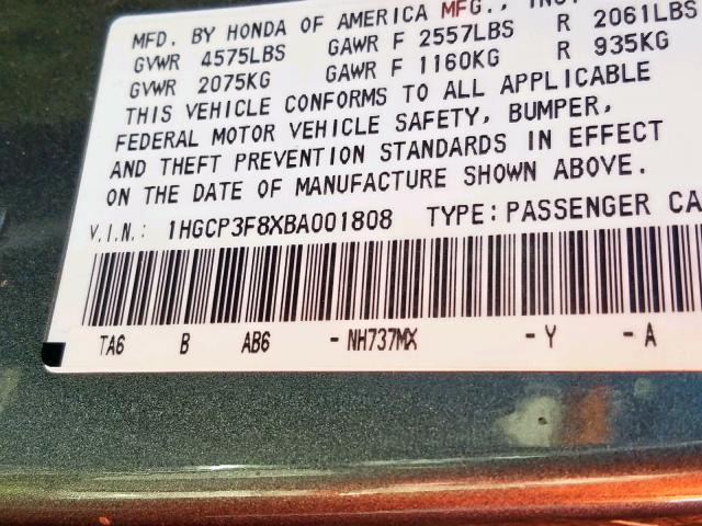 1HGCP3F8XBA001808 - 2011 HONDA ACCORD EXL GRAY photo 10