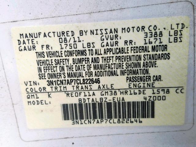 3N1CN7AP7CL822646 - 2012 NISSAN VERSA S WHITE photo 10