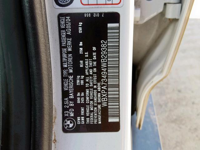 WBXPA73494WB29382 - 2004 BMW X3 2.5I WHITE photo 10