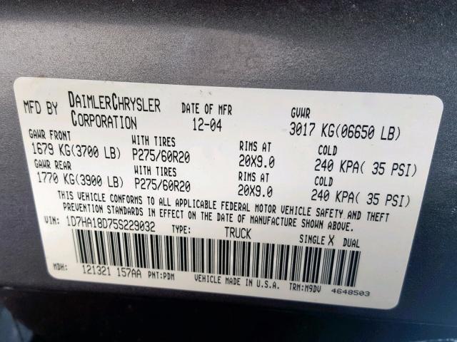 1D7HA18D75S229032 - 2005 DODGE RAM 1500 S GRAY photo 10