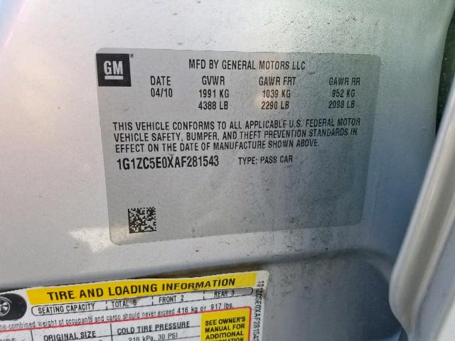 1G1ZC5E0XAF281543 - 2010 CHEVROLET MALIBU 1LT GRAY photo 10