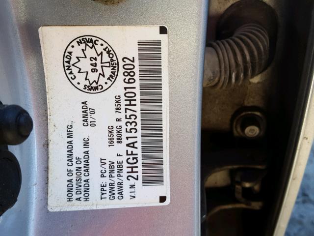 2HGFA15357H016802 - 2007 HONDA CIVIC DX SILVER photo 10