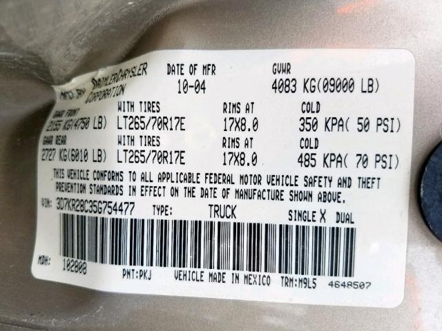 3D7KR28C35G754477 - 2005 DODGE RAM 2500 S Թուխ լուսանկար 10