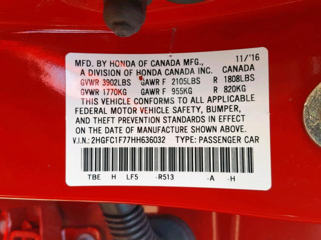 2HGFC1F77HH636032 - 2017 HONDA CIVIC EXL 红色 照片 10