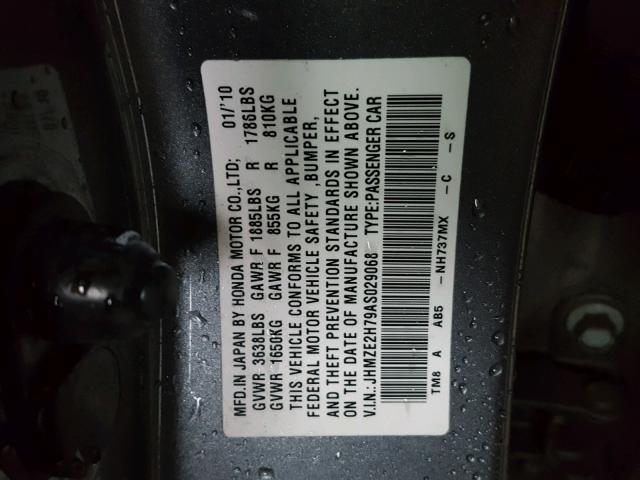 JHMZE2H79AS029068 - 2010 HONDA INSIGHT EX GRAY photo 10