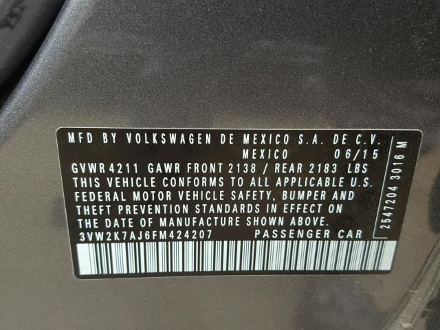 3VW2K7AJ6FM424207 - 2015 VOLKSWAGEN JETTA BASE 灰色 照片 10