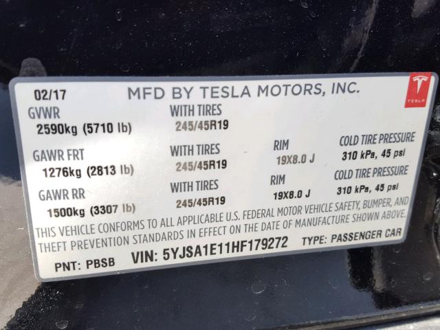 5YJSA1E11HF179272 - 2017 TESLA MODEL S BLACK photo 10