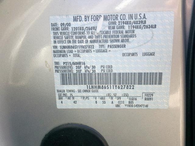 1LNHM86S11Y627822 - 2001 LINCOLN LS 银色 照片 10