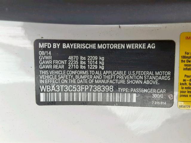 WBA3T3C53FP738398 - 2015 BMW 435 I WHITE photo 10