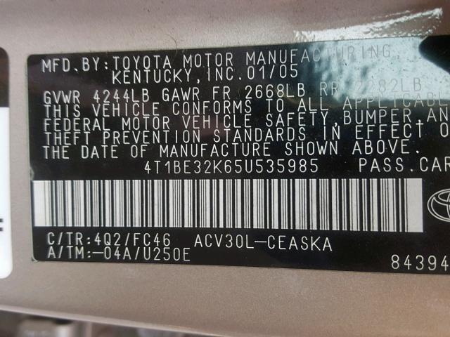 4T1BE32K65U535985 - 2005 TOYOTA CAMRY LE TAN photo 10