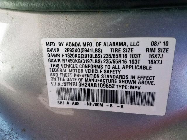 5FNRL3H24AB109652 - 2010 HONDA ODYSSEY LX SILVER photo 10