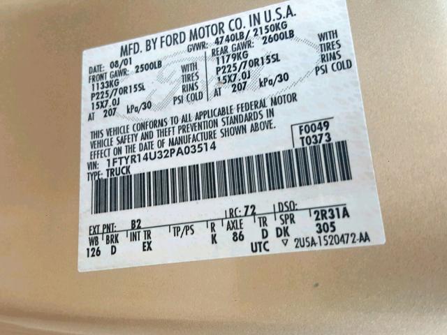 1FTYR14U32PA03514 - 2002 FORD RANGER SUP GOLD photo 10