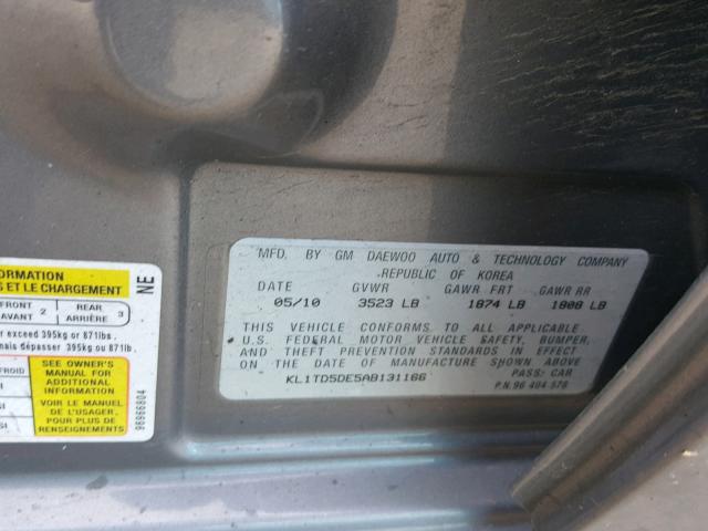 KL1TD5DE5AB131166 - 2010 CHEVROLET AVEO LS GRAY photo 10