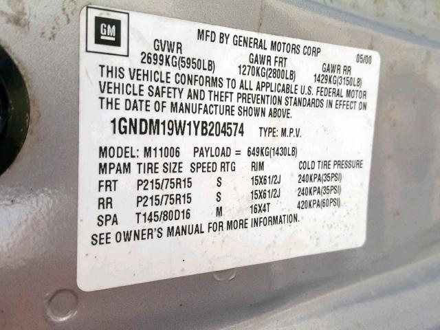 1GNDM19W1YB204574 - 2000 CHEVROLET ASTRO GRAY photo 10