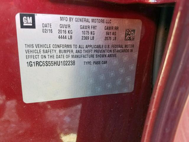 1G1RC6S55HU102238 - 2017 CHEVROLET VOLT LT RED photo 10