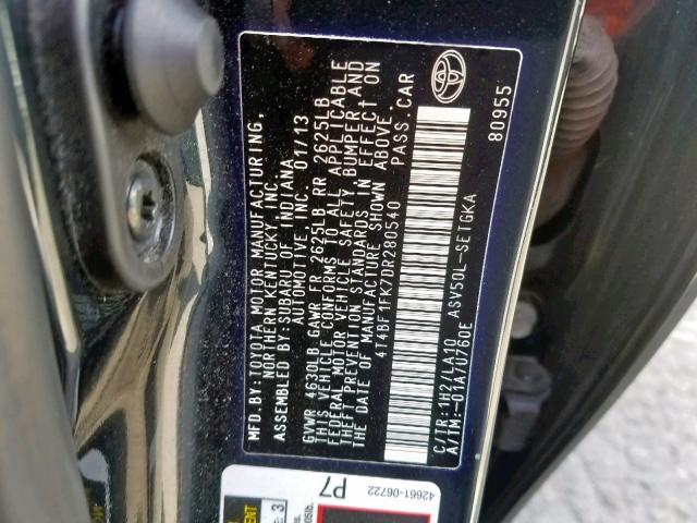 4T4BF1FK7DR280540 - 2013 TOYOTA CAMRY L 黑色 照片 10