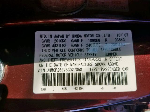 JHMCP26878C027058 - 2008 HONDA ACCORD EXL BURGUNDY photo 10