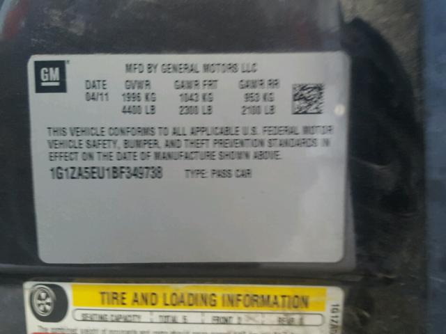 1G1ZA5EU1BF349738 - 2011 CHEVROLET MALIBU LS ნაცრისფერი ფოტო 10