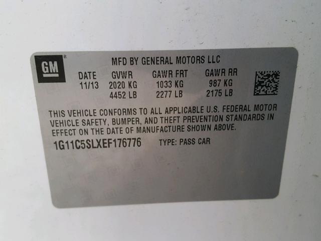 1G11C5SLXEF176776 - 2014 CHEVROLET MALIBU 1LT WHITE photo 10