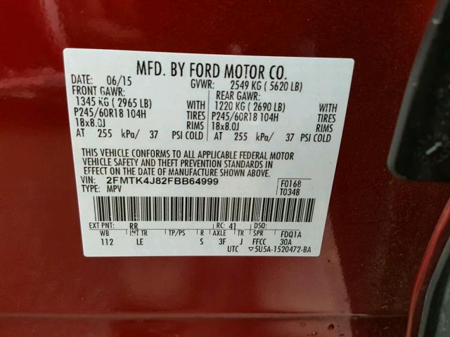 2FMTK4J82FBB64999 - 2015 FORD EDGE SEL RED photo 10