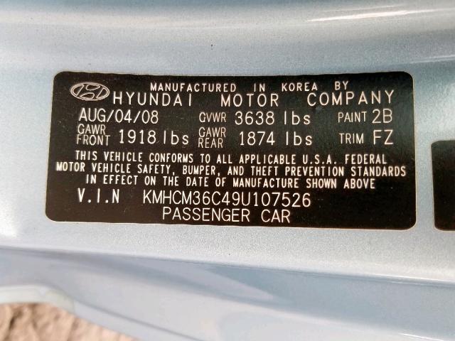 KMHCM36C49U107526 - 2009 HYUNDAI ACCENT GS BLUE photo 10