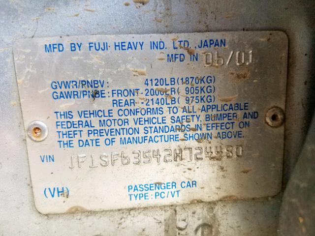 JF1SF63542H724480 - 2002 SUBARU FORESTER L SILVER photo 10