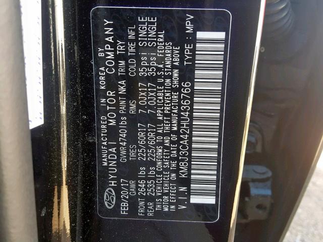 KM8J3CA42HU436766 - 2017 HYUNDAI TUCSON LIM BLACK photo 10