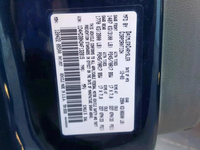 1D4HD38N34F132815 - 2004 DODGE DURANGO ST BLUE photo 10